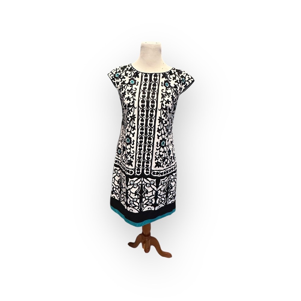 Liz Claiborne Sheath Dress Size 6 Black White Turquoise Scroll Border Print - Picture 3 of 16